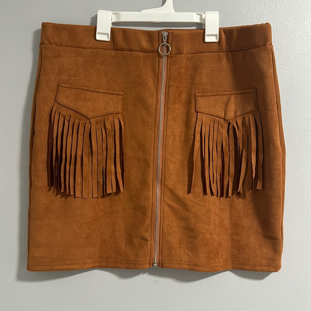 Faux suede brown tassel zip up skirt